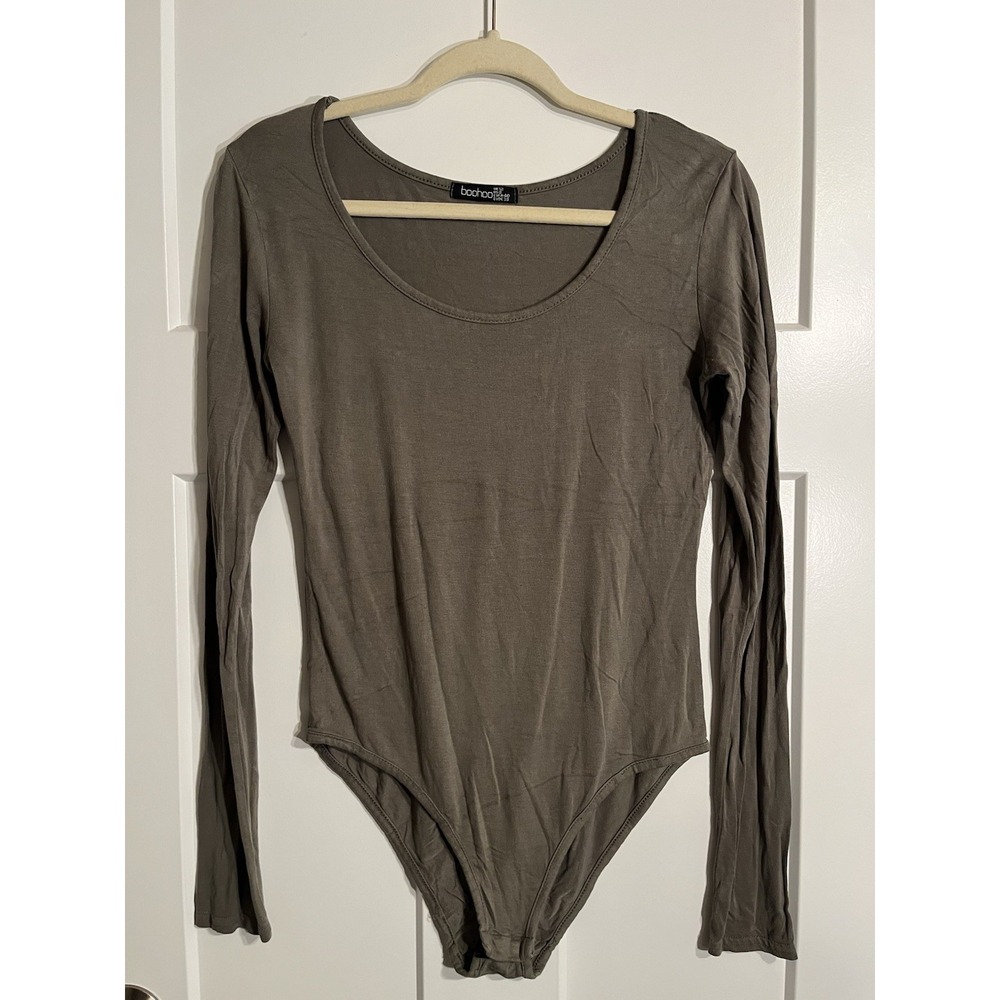 Boohoo Womens US 8 Taupe Long Sleeve Scoop Neck Bodysuit Stretch Basic